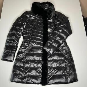 New Karl Lagerfeld Paris Women’s Black Puffer Down Coat Faux Fur Trim Size L